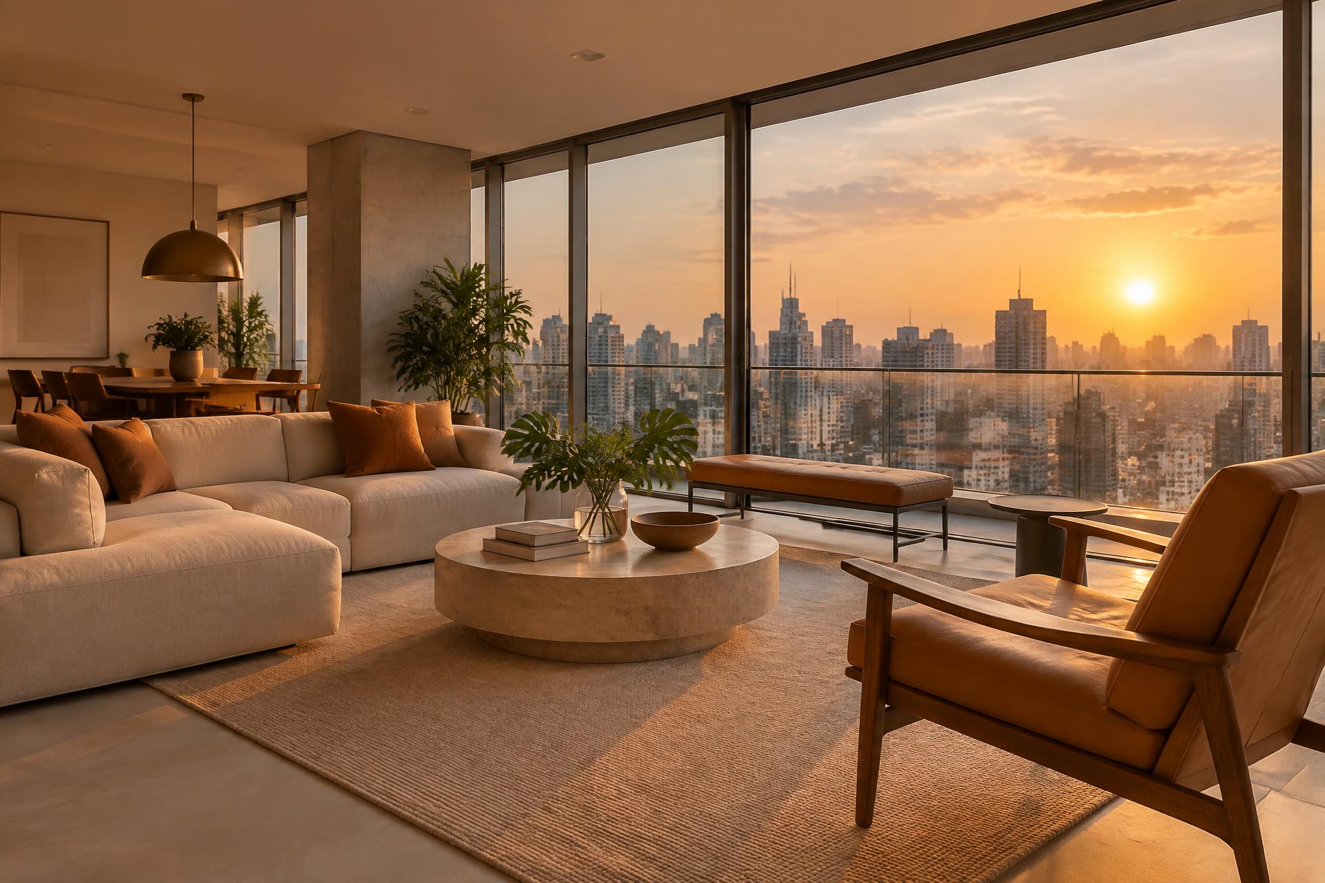 Sala de apartamento em São Paulo ao fim da tarde